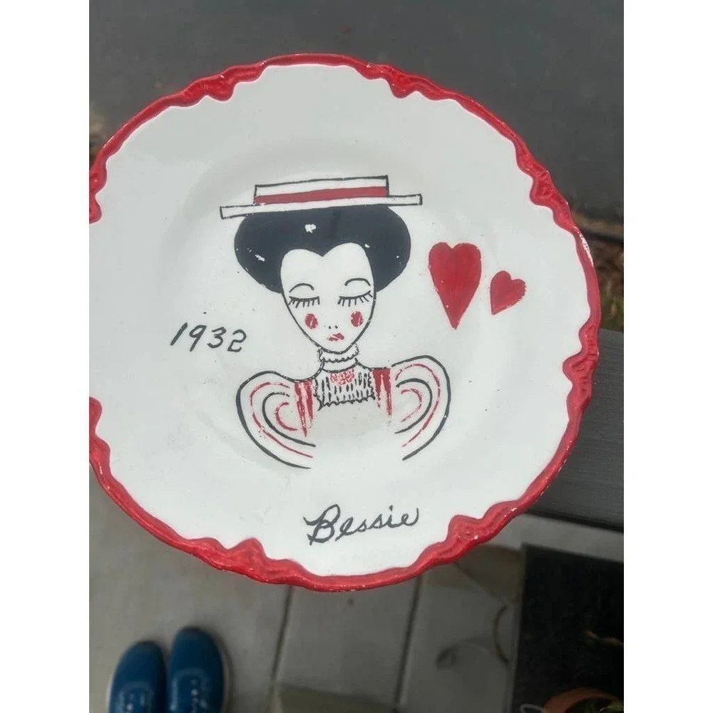 Vintage Kitchen Plates Portrait Folk Art Hand Decorated Set of 2 'Bill & Bessie'